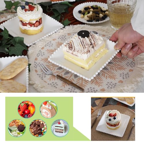 6 IN Porcelain Dessert Plates, White Appetizer Dinnerware, 12 Pcs | Square Pearl Dots, Scratch Resistant, Microwave Safe, Oven Safe, Dishwasher Safe - size: 6 Inch - 12P