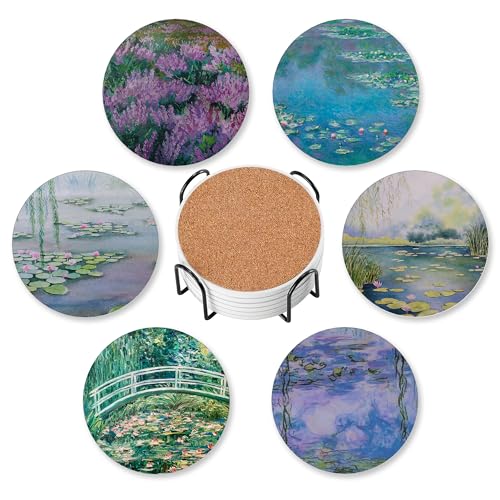 Drink Coasters for Drinks Set of 6,Claude Monet Water Lilies Absorbent Round Ceramic Stone Mat Coaster, with Cork Base and Metal Holder, Home Bar Decor House Warming Gift - color: Claude Monet Water Lilies