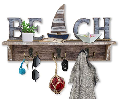 SAILINGSTORY Beach Sign Key Holder for Wall Mounted Coat Rack with Shelf | Coastal Beach Decor, Ocean theme - color: White