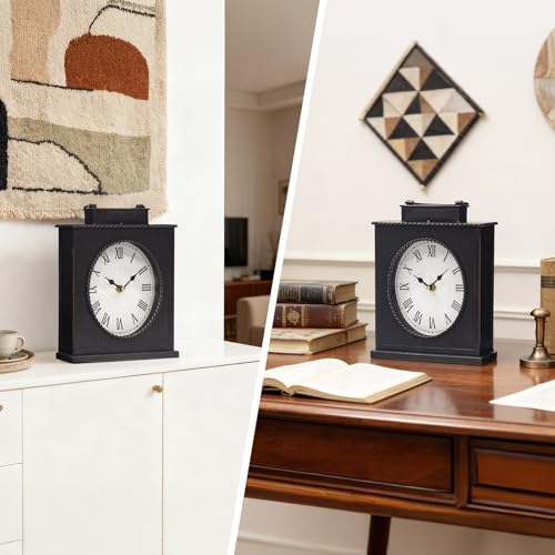Vintage Mantel Clock, Large Rustic Distressed Metal Table Clock with Handle, Silent Non-Ticking Quartz Movement, Antique Brown Fireplace Shelf Desk Clock for Living Room Bedroom Office - style: Mantel Clock
