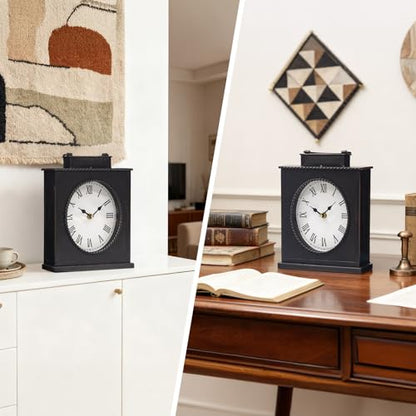 Vintage Mantel Clock, Large Rustic Distressed Metal Table Clock with Handle, Silent Non-Ticking Quartz Movement, Antique Brown Fireplace Shelf Desk Clock for Living Room Bedroom Office - style: Mantel Clock