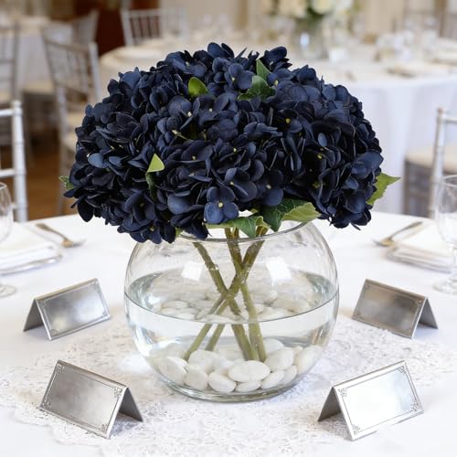 Kimura's Cabin 6pcs Navy Blue Hydrangea Artificial Flowers Silk Hydrangeas | Fake Hydrangeas with Stems Faux Flower,wedding Bouquet Arrangement Halloween Home Party Table Centerpieces Decor Vase Filler - color: Navy Blue