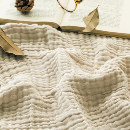 EMME Muslin Throw Blanket with Tassels, 100% Cotton Gauze, Beige, 50"x60"