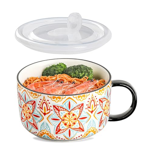 Jumbo Ceramic Soup Bowl with Lid, Microwave Safe - Pattern D | Soup Mug with Big Handle for Ramen Cereal Breakfast Meal Prep Office Lunch Dorm Living - 38 oz Extra Large Food Container - color: Pattern D, size: Set of 1