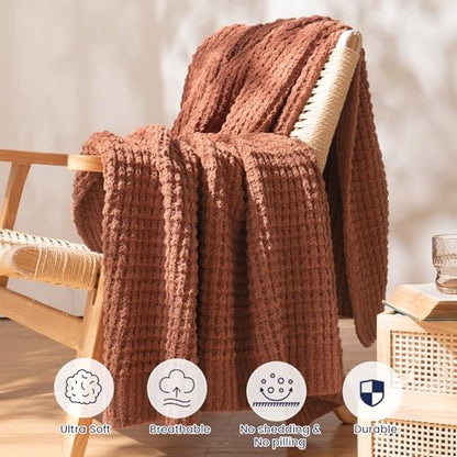 PHF Chenille Waffle Knit Throw Blanket- Plush Warm & Cozy 50" x 60" Ultra Soft Blanket- Chunky Fluffy Waffle Throws for Couch Bed Sofa - Terracotta - color: Terracotta, size: Throw(50"X60")