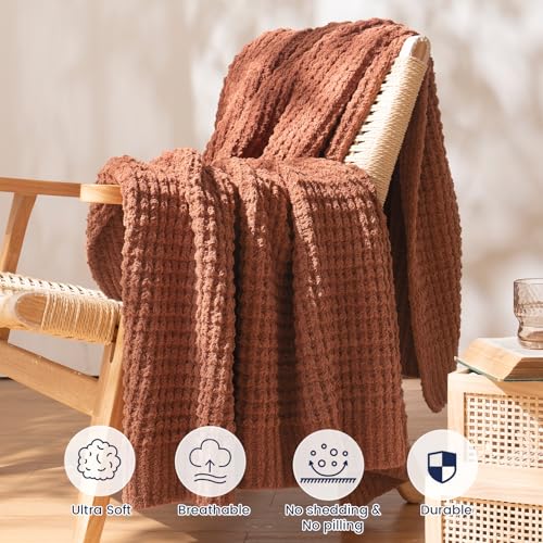 PHF Chenille Waffle Knit Throw Blanket- Plush Warm & Cozy 50" x 60" Ultra Soft Blanket- Chunky Fluffy Waffle Throws for Couch Bed Sofa - Terracotta - color: Terracotta, size: Throw(50"X60")