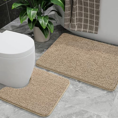 Bathroom Rug Sets 2 Piece, 20"x20" U-Shaped & 21"×34", Beige | Toilet Mat Non Slip Bath Mats Floor Set, Washable Bath Rug Set, Absorbent Soft Bathroom Rug - color: Beige