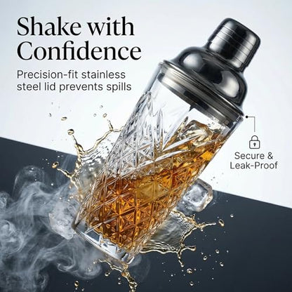 Elegant Glass Cocktail Shaker Set - Herringbone Design, 15oz Capacity, Leakproof Stainless Steel Top - Perfect for Bartending Enthusiasts - color: Herringbone Mixer