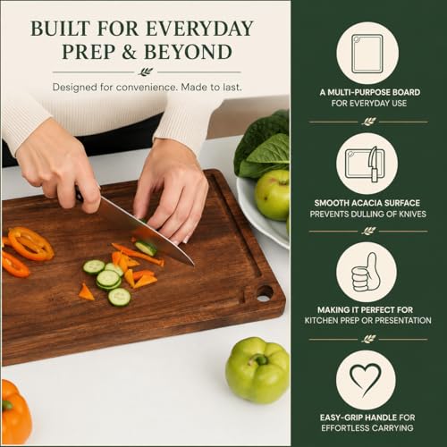 Acacia Wood Cutting Board Reversible Charcuterie Chopping Boards Durable & Double Sided Knife-Friendly, Juice Groove, Easy-Grip, Kitchen Gift