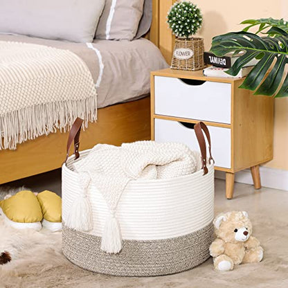 KAKAMAY Large Blanket Basket (20"x13"),Woven Baskets for storage Baby Laundry Hamper,Cotton Rope Blanket Basket for Living Room, Laundry, Nursery, Pillows, Baby Toy chest (White/Beige) | Extra Large Capacity | Natural Cotton Rope | Blanket Storage | Woven