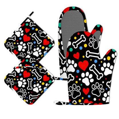 Colorful Dog Paw Oven Mitts and Pot Holders Sets Silicone Kitchen Mitts Potholders Heat Resistant 4Pcs Oven Gloves Hot Pads for Kitchen Baking Cooking - color: Colorful Dog Paw