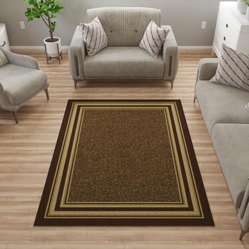 Ottomanson 5x7 Area Rugs for Living Room – Stain Resistant Bedroom Rug - color: Border Brown, size: 5' x 6'6" (Area Rug)
