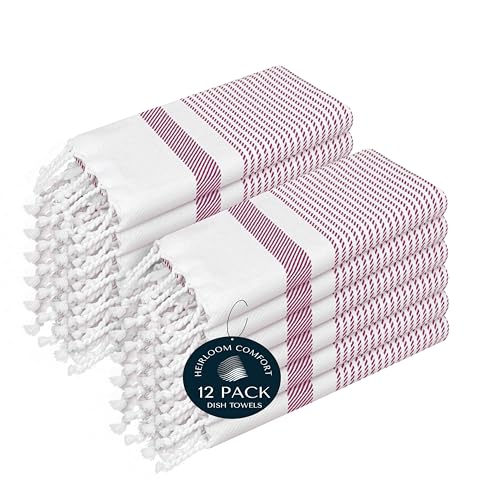 Burgundy Wine Turkish Kitchen Towels 16x26 Inch, 12 Pack, 100% Cotton, Ultra Absorbent, Soft, Fast Dry, Washable, Dish Towel with Tassels for Drying Dishes, Cleaning, Everyday Use - color: Burgundy Wine, style: 12 Pack