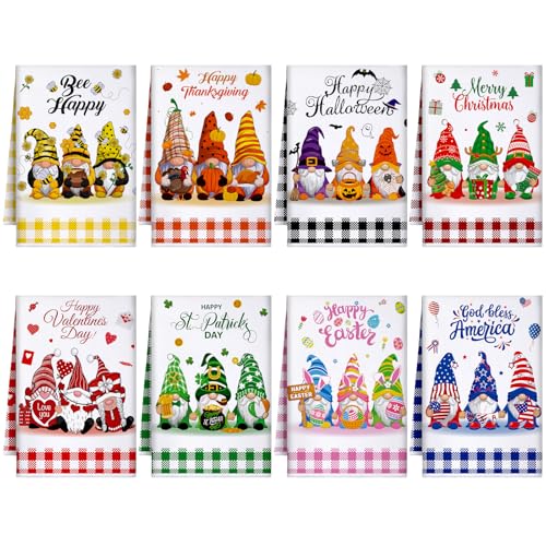 Fourluoo 8 Pcs Gnomes Seasonal Kitchen Towels, Holiday Hand Dish Towels Set Decorative Tea Cloths for Spring 4th in July Christmas Home Kitchen Bathroom Decor, 16 x 24 Inch - style: Gnomes