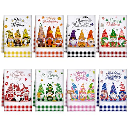 Fourluoo 8 Pcs Gnomes Seasonal Kitchen Towels, Holiday Hand Dish Towels Set Decorative Tea Cloths for Spring 4th in July Christmas Home Kitchen Bathroom Decor, 16 x 24 Inch - style: Gnomes