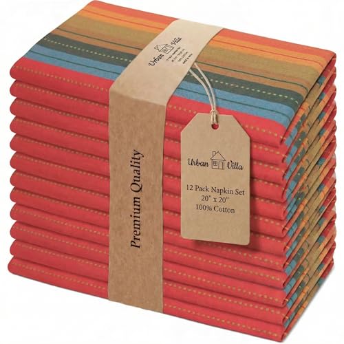 Urban Villa Cloth Napkins Cotton 20x20 (Set of 12) Red Stripes - color: 007 Red Multi, size: 20" x 20" (Set of 12)