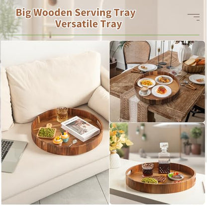 Large Ottoman Tray, 22" Big Ottoman Tray for Living Room, Large Serving Tray with Handles for Coffee Table Kitchen Counter,Great Round Wooden Trays with 4 Round Coasters for Appetizers, Dinner - color: 22" Round Tray W/ 4-coasters - Acacia