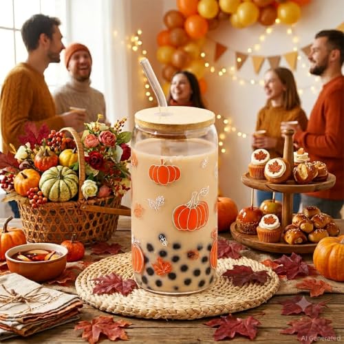 Fall Pumpkin Glass Cup Thanksgiving Halloween Autumn Gifts | Iced Coffee Glass Cups with Lid and Straw Mug Tumbler Presents for Women Teen Girls Harvest Festival Basket Stuff 16oz - style: Pumpkin