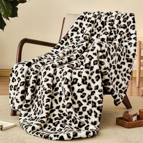 PHF Leopard Print Sherpa Fleece Throw Blanket for Teens Kids, Reversible Thick and Warm Blanket for Winter, Ultra Soft Fuzzy Animal Pattern Bedding for Bed Sofa Couch Travel, 50x60 - color: Leopard, size: Throw(50"x60")