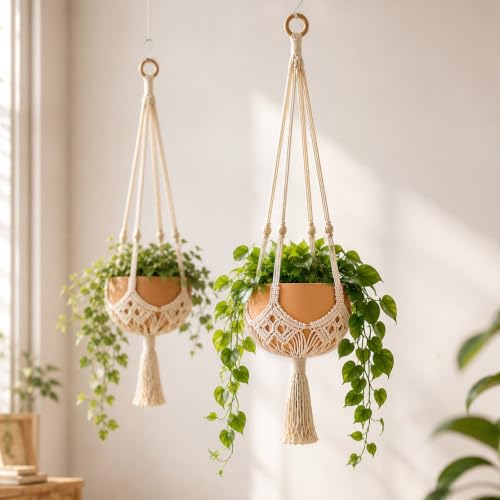 Shappy 2 Pack Boho Macrame Plant Hanger, Large Hanging Planter Plant Holder Pot Hanger Hanging Basket Wall Planters, Plants Lover Gift for Indoor Garden (Wooden Ring and Wooden Beads,White) - color: White, size: Style E