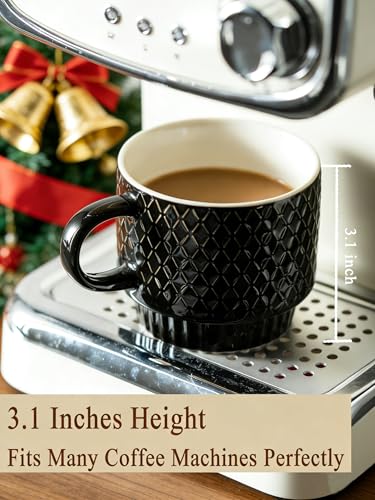Gomakren Coffee Mugs Set of 4, 13oz Stackable Coffee Cups with Stand, Black | Gloss Embossed Stoneware, Gold Rack & Spoons | for Coffee, Milk, Tea, Cocoa, Daily & Gifting Use | Microwave/Dishwasher Safe - color: Black