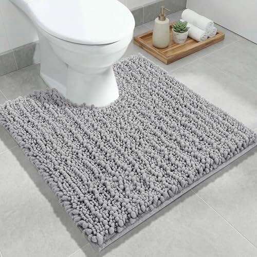 ILANGO Toilet Rugs U Shaped Light Grey 24x24 Bathroom Rugs,Extra Soft Absorbent Chenille Bath Rugs,Thick Non-Slip Shaggy Bath Mat,Machine Washable Quick Dry Bath Mats for Toilet Contour - color: Light Grey, size: 24"×24" Toilet Rug