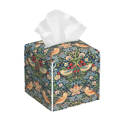 Strawberry Thief Tissue Box Cover Square, William Morris Tissue Box Holder with Bottom Belt Leather Facial Paper Organizer Dispenser for Bathroom Bedroom Dresser Night Stand Tabletop - color: Strawberry Thief