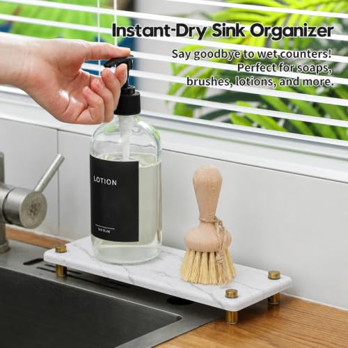 White Marble Pattern Style Water Absorbing Stone Sink Caddy, Bathroom & Kitchen Counter Organizer Tray, Faucet Drying Mat Soap Dish Rack Riser Dispenser Sponge Holder, Gold Metal Feet, 10" x 4" - color: 10"x 4" - Marble Pattern - Gold