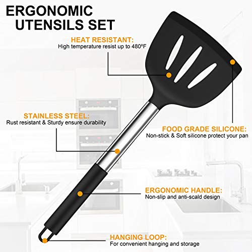 LIANYU 43 Pcs Kitchen Cooking Utensils Set, Silicone Cooking Utensils Spatula Set with Holder, Heat Resistant Kitchen Gadgets Tools for Nonstick Cookware Set, Stainless Steel Handle, Black - color: Black