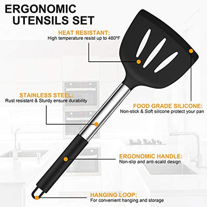 LIANYU 43 Pcs Kitchen Cooking Utensils Set, Silicone Cooking Utensils Spatula Set with Holder, Heat Resistant Kitchen Gadgets Tools for Nonstick Cookware Set, Stainless Steel Handle, Black - color: Black