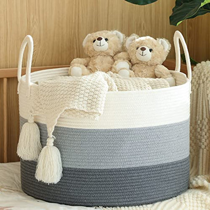 KAKAMAY Large Blanket Basket (20"x13"),Woven Baskets for storage Baby Laundry Hamper,Cotton Rope Blanket Basket for Living Room, Laundry, Nursery, Pillows, Baby Toy chest with Handles (White/Grey) | Extra Large Capacity | Natural Cotton Rope | Blanket Sto