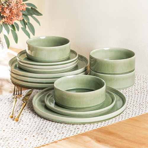 AmorArc Ceramic Dinnerware Sets for 4,12 Piece Plates and Bowls Sets Dishes | Stoneware Handmade Reactive Glaze Dishes Set | Highly Chip and Crack Resistant | Dishwasher & Microwave Safe - color: Oliver Green, size: Service for 4