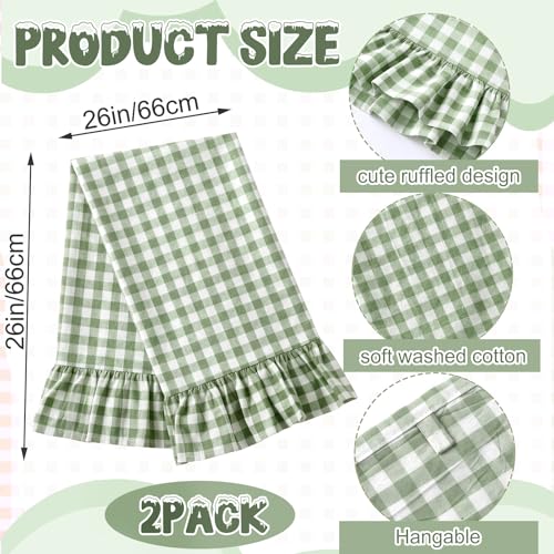 HunnmingRe Green Kitchen Towels Set of 2, 100% Cotton Ruffled Gingham Dish Towels 18"x28" Absorbent Tea Cloths Classic Plaid Pattern for Farmhouse Charm, Drying Dishes, Entertaining Guests - color: Green, style: Gingham