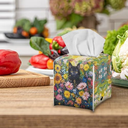 Cats Flowers Square Tissue Box Cover Facial Napkin Holder Easy to Use Dust-Proof Tissue Case for Living Room Office Bathroom - color: Cats Flowers