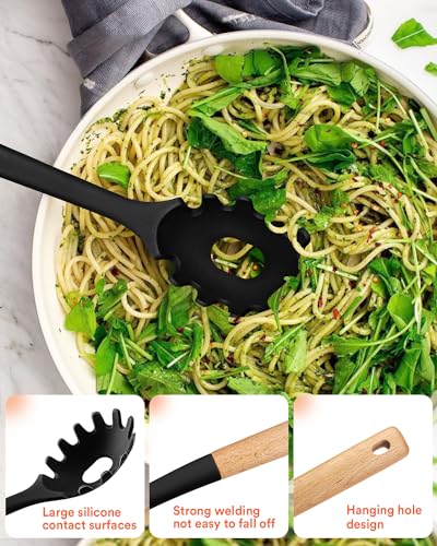 Kitchen Utensils Set, 13PCS Silicone Cooking Utensils, Heat Resistant Kitchen Utensil Spatula Set for Nonstick Cookware, Wooden Handles Kitchen Gadgets Tools Set - color: Black