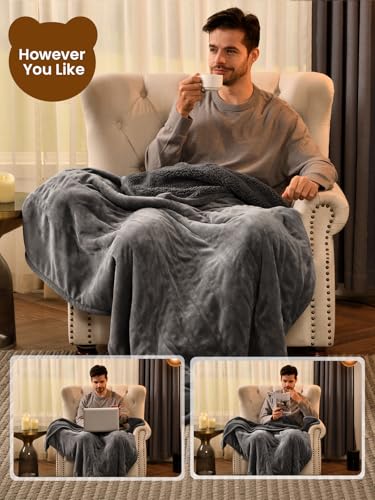 Bearhug Electric Blanket Throw Size, 50" x 60" Heated Blanket with 6 Heating Levels & 4H Auto Shut-Off, Machine Washable Soft Velvet to Sherpa Reversible Heated Throw for Office, Couch and Sofa, Gray - color: Gray-velvet & Sherpa, size: Throw 50" × 60"