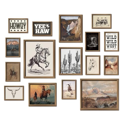 ANERZA 16 PCS Western Wall Art Decor, Southwestern Gallery Wall Prints for Bedroom Bathroom, Cowboy Posters for Living Room Aesthetic, Dorm Home Artwork Collage Kit - color: BurlyWood, size: 11"x14" Unframed