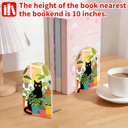 Potted Plant and Cat Wooden Bookends, Book Ends for Shelves | 1 Pair 5"x3.15" Decorative Wood Book Supports, Cute Shelf Stoppers for Heavy Books, Office Desk, Study Room & Home Decor - style: Potted Plant and Cat