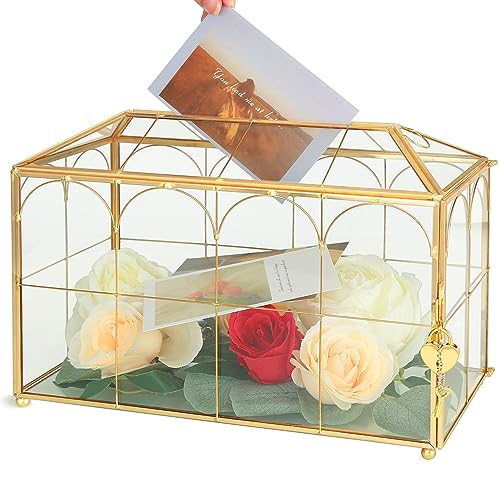Glass Wedding Card Box with Lock, 12.6x5.9x9 inches Large Gold Card Boxes for Wedding Reception, Graduation, Keepsake Display, Party Centerpiece Gift Box - size: 12.6 x 5.9 x 9 Inches with Arch