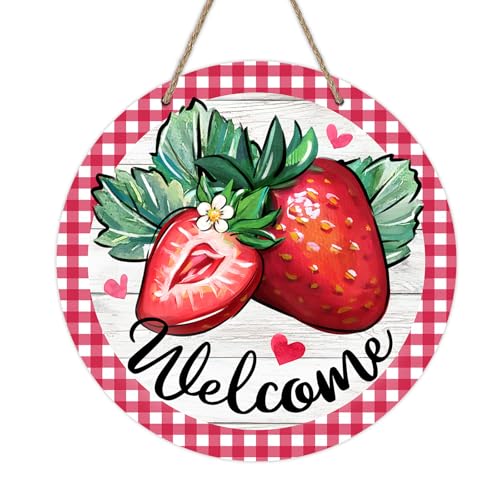 Deroro Welcome Spring Summer Strawberry Front Door Sign, Red Fruit Plaid | Check Wood Door Hanger Outdoor Outside Porch Decor, Farmhouse Rustic Wooden Wreath Indoor Wall Hanging Decoration - color: Red