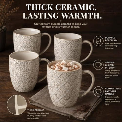 Coffee Mugs Set of 4, 16 Oz Ceramic Coffee Mugs, Large Porcelain Embossed Cups for Cocoa, Tea, Milk, Mocha, Cappuccino, Microwave & Dishwasher Safe, Comfort Handle, 3.5 x 4.5 inch - color: C1