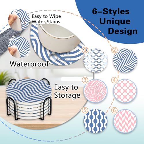 Pink Blue Geometric Ceramic Coasters with Holder Set of 6 | Modern Abstract Art Absorbent Drink Cup Mat for Coffee Table Protection, 4'' Minimalist Home Kitchen Decor Housewarming Gifts