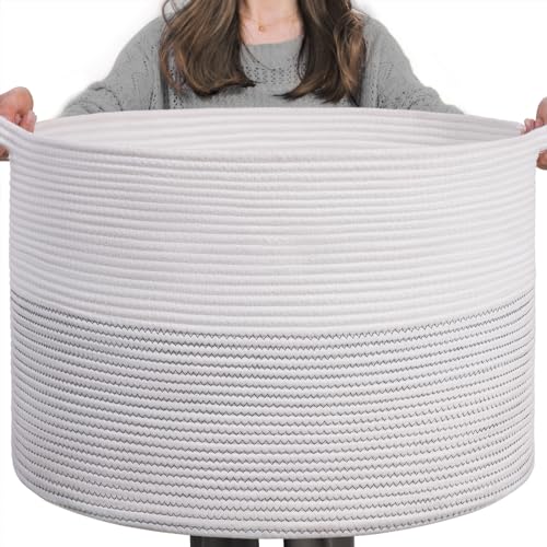 INDRESSME XXXLarge Woven Rope Blanket Basket Living Room White, 90L | 21.7" x 13.8" Storage baskets for toys laundry & pillows. Fits living room, bedroom or nursery décor. Soft-touch with handles - color: White, size: 21.7"D x 13.8"H