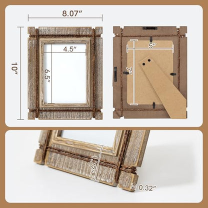 Afuly 5x7 Picture Frames Set of 2 Rustic Wood Farmhouse Unique Photo Frame | Distressed Western with Real Glass & Hemp Rope, Wall and Tabletop, Home Decor Birthday Gifts for Mom Dad Friends - size: 5x7