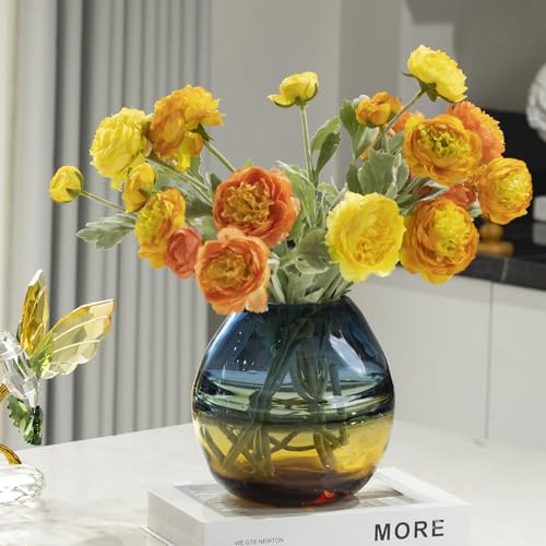 Glass Handmade Decorative Vase Ombre Centerpiece Vase with Yellow Base, Flower Vase for Home Decoration (Low vase) - size: low vase