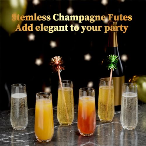 GuanQiao 24 Pack Stemless Plastic Champagne Flutes, 9oz Ribbed Disposable Champagne Glasses. Heavy Duty Shatterproof Mimosa Glasses for Party Wine Tasting Wedding New Years Eve Party Supplies - color: Clear, size: 24-pack