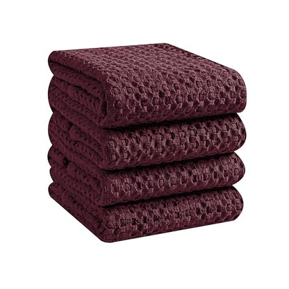 Native Fab 100% Cotton Premium Waffle Kitchen Towels, 4 Pack, 16" x 26", Super Absorbent Reusable Cleaning Cloths, Tea Towels, Machine Washable Hand Towels, Burgundy Wine - color: Burgundy Wine Premium, size: Set of 4