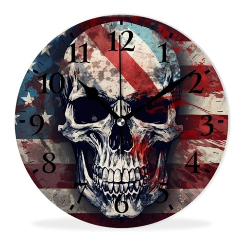 Round Analog Wall Clocks Non-Ticking Silent Clock Battery Operated Clcoks Decorative for Living Room,Office,Bedroom-American Flag and Skull(16inch) - color: Skull, size: 16inch