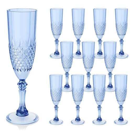 12 Pack Plastic Champagne Flutes, Blue Reusable Champagne Glass | Unbreakable Hard Plastic Mimosa Cups Bulk with Stem, Fancy Stemware for Wedding, Party & NYE Celebration - color: Blue