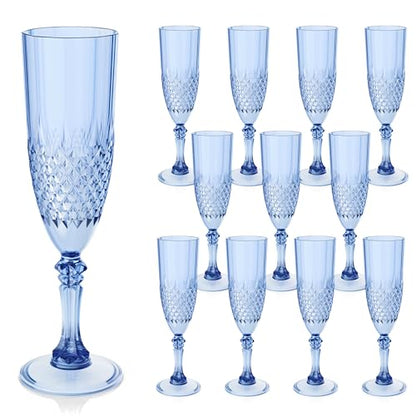 12 Pack Plastic Champagne Flutes, Blue Reusable Champagne Glass | Unbreakable Hard Plastic Mimosa Cups Bulk with Stem, Fancy Stemware for Wedding, Party & NYE Celebration - color: Blue